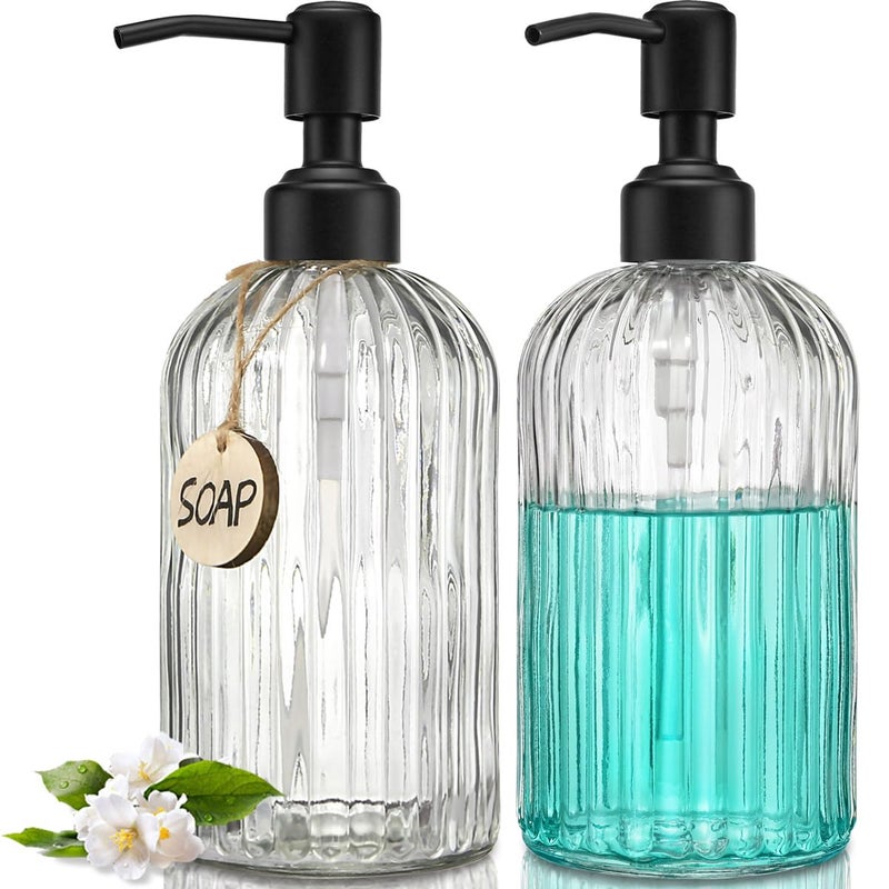 JASAI 2PACK 18Oz Simple Glass Soap Dispensers with Black Pump, Refillable Kitchen soap Dispenser with Vertical Stripe, Bathroom Soap Dispenser for Bathroom Hand soap, Dish Soap, Lotion. - Image 1