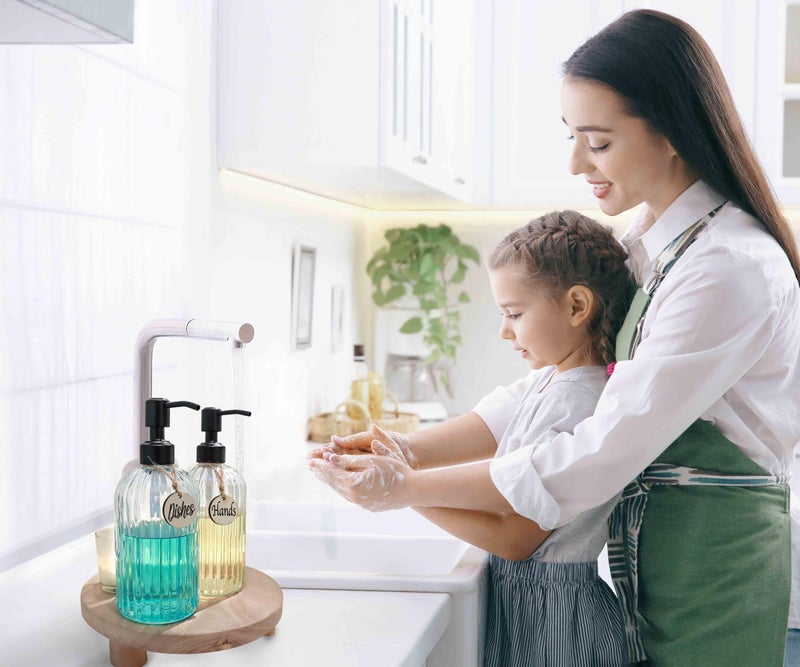 JASAI 2PACK 18Oz Simple Glass Soap Dispensers with Black Pump, Refillable Kitchen soap Dispenser with Vertical Stripe, Bathroom Soap Dispenser for Bathroom Hand soap, Dish Soap, Lotion. - Image 3
