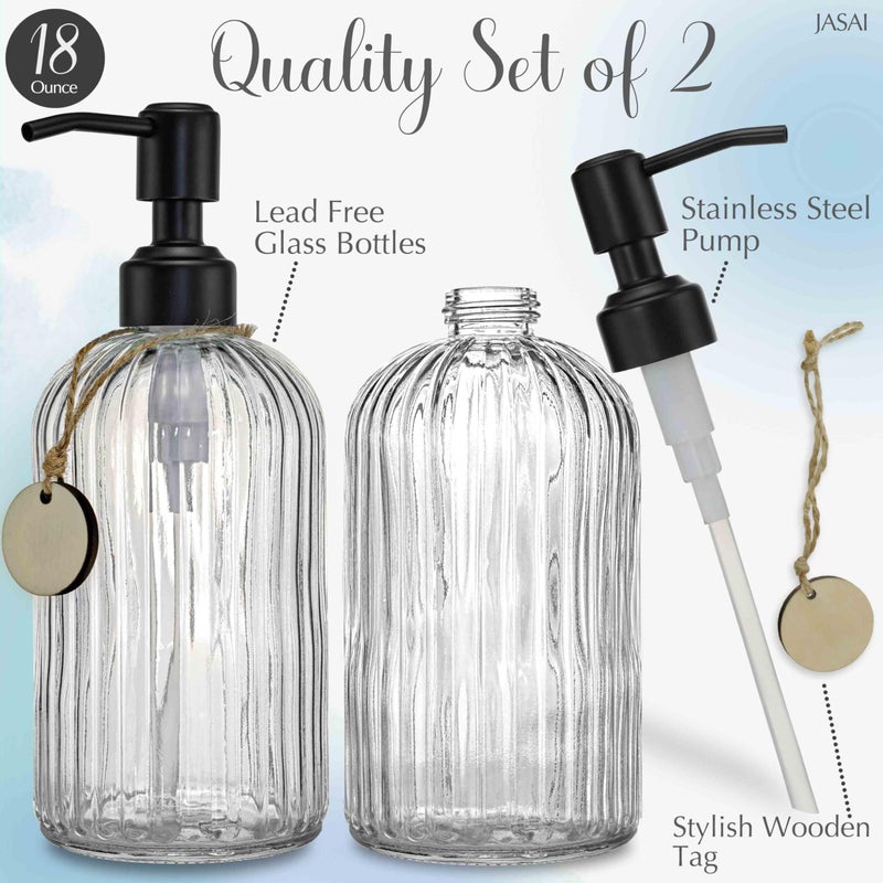 JASAI 2PACK 18Oz Simple Glass Soap Dispensers with Black Pump, Refillable Kitchen soap Dispenser with Vertical Stripe, Bathroom Soap Dispenser for Bathroom Hand soap, Dish Soap, Lotion. - Image 2