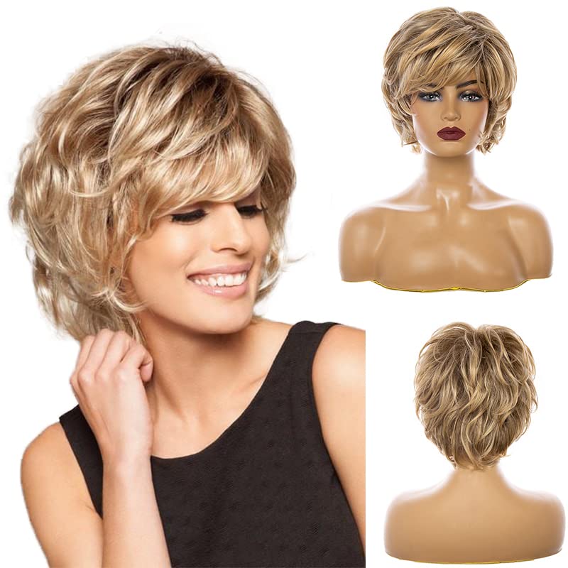 Kaneles Short Blonde Wigs for White Women Natural Layered Fluffy Wavy Full Synthetic Wigs