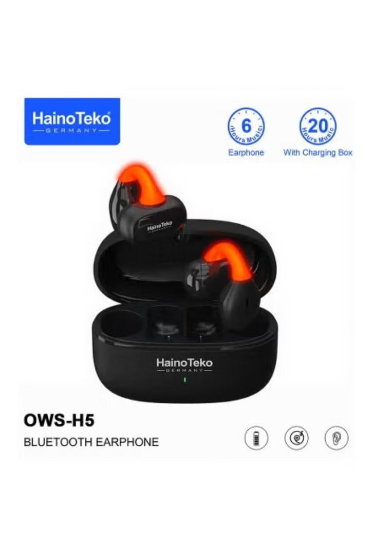 Haino Teko OWS-H5 True Wireless Bluetooth Earphones – Black | 20-Hour Battery Life with Charging Case | LED Light Display | Multi-Functional Touch Controls | Deep Bass & Clear Audio | Comfortable Fit for Android Phones, Tablets & Daily Use - Image 1