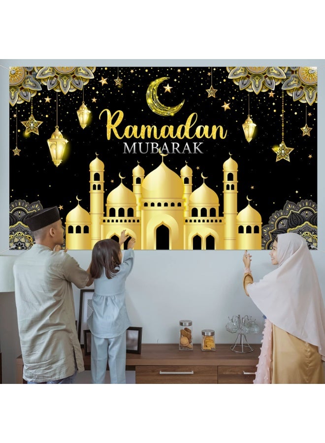 Chielor 70.8''X43.3'' Ramadan Mubarak Banner Backdrop, Party Decorations Ramadan Kareem Mubarak Banner Eid Al-Fitr Party Supplies Muslim Photo Booth for Eid Indoor Outdoor Home Décor - Image 4