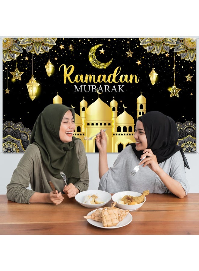 Chielor 70.8''X43.3'' Ramadan Mubarak Banner Backdrop, Party Decorations Ramadan Kareem Mubarak Banner Eid Al-Fitr Party Supplies Muslim Photo Booth for Eid Indoor Outdoor Home Décor - Image 5