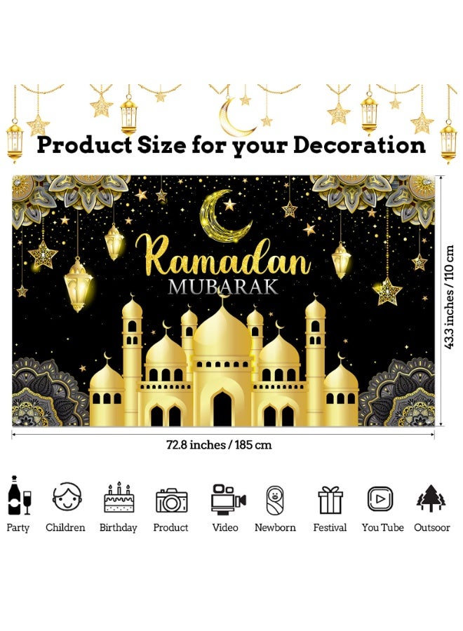 Chielor 70.8''X43.3'' Ramadan Mubarak Banner Backdrop, Party Decorations Ramadan Kareem Mubarak Banner Eid Al-Fitr Party Supplies Muslim Photo Booth for Eid Indoor Outdoor Home Décor - Image 2