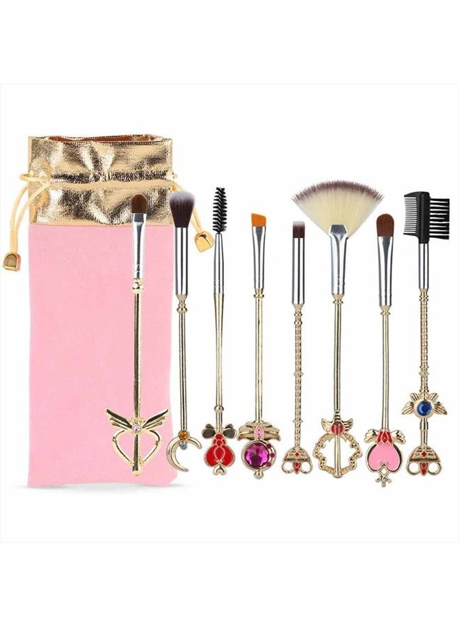 Coshine 8pcs Sailor Moon Makeup Brush Set With Pouch, Magical Girl Gold Cardcaptor Sakura Cosmetic Brushes With Cute Pink Bag - Image 1