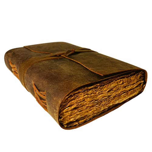 Modest Goods Vintage Leather Journal - 200 pages Deckle Edge Rustic Paper - Unlined Pages Book of Shadows, Grimoire, Junk Notebook, Fantasy Medieval Gifts, Sketchbook, Antique Scrapbook (Dark Brown, 9"x6") - Image 1