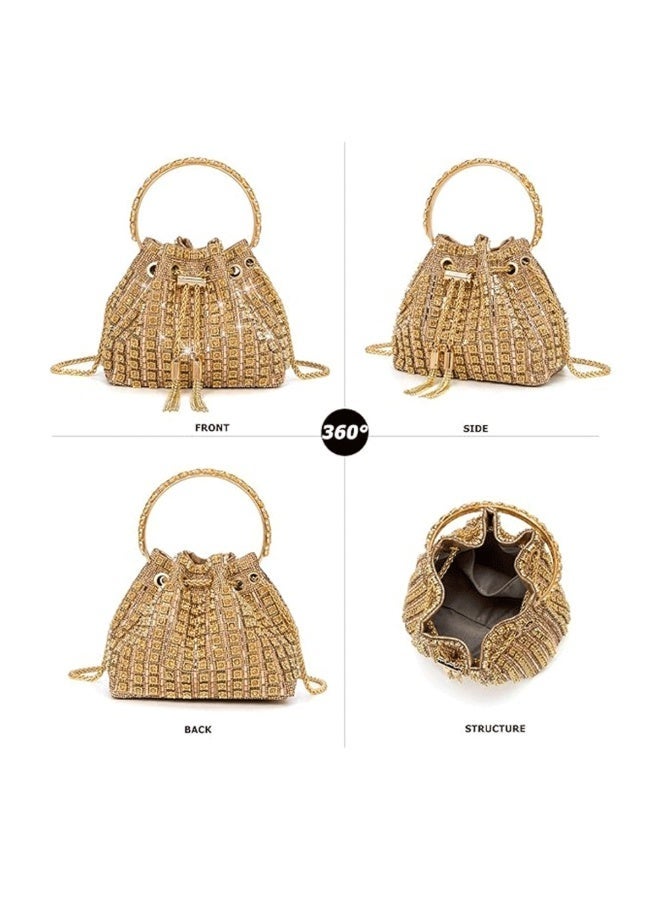 Women's sparkly bucket bag, chain shoulder strap, drawstring closure, golden，17x11x15cm - Image 4