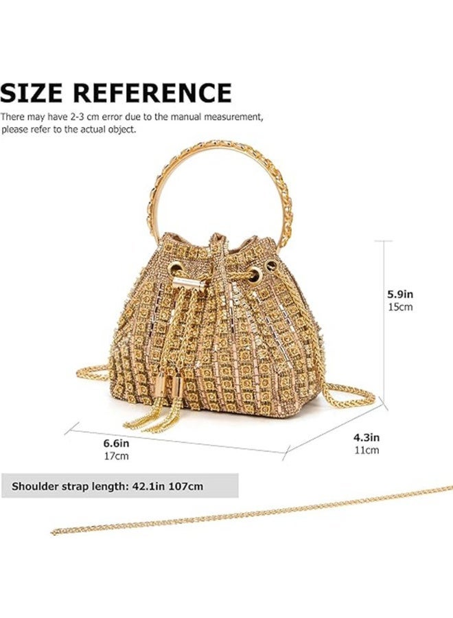 Women's sparkly bucket bag, chain shoulder strap, drawstring closure, golden，17x11x15cm - Image 5