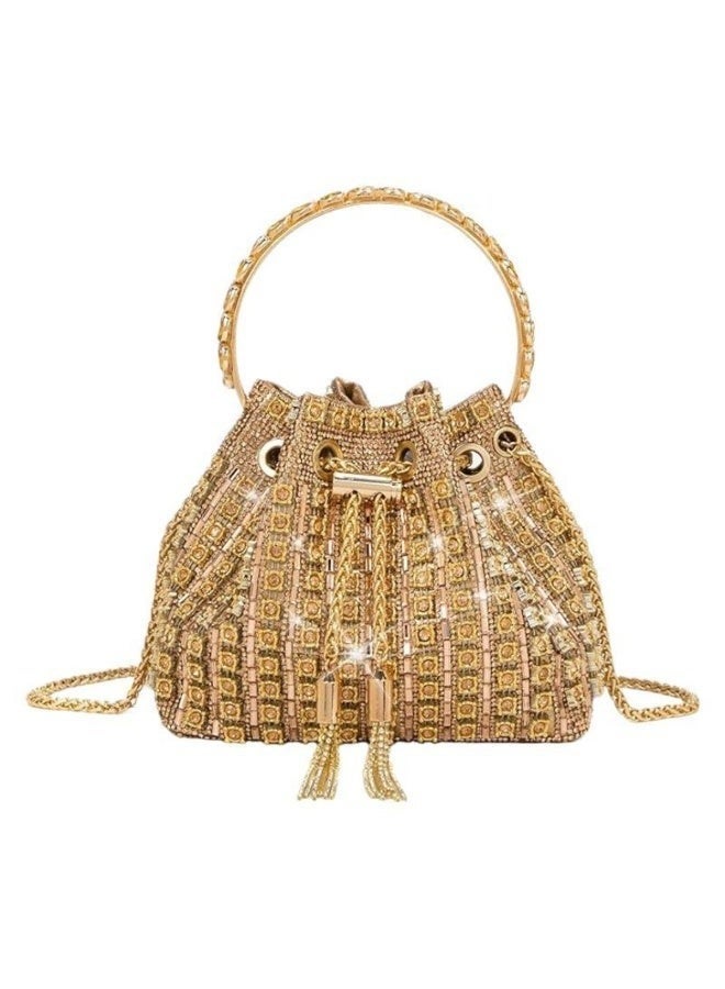 Women's sparkly bucket bag, chain shoulder strap, drawstring closure, golden，17x11x15cm - Image 1