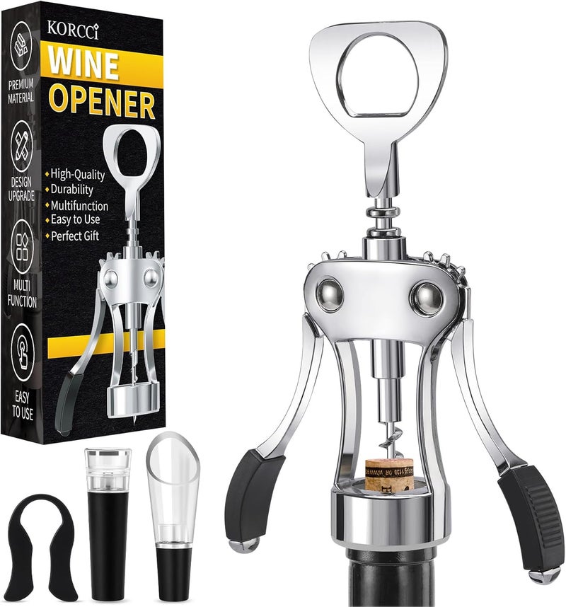 KORCCI Multifunctional Wine Bottle Opener Gift Set - Heavy-Duty Zinc Alloy Wing Corkscrew, Foil Cutter, Vacuum Stopper & Aerator Pourer for Kitchen, Bar, Restaurant, Bartenders - Image 1
