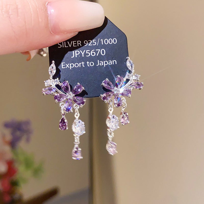 Luxury Purple Zircon Flower Tassel Earrings - Elegant and Versatile for Women