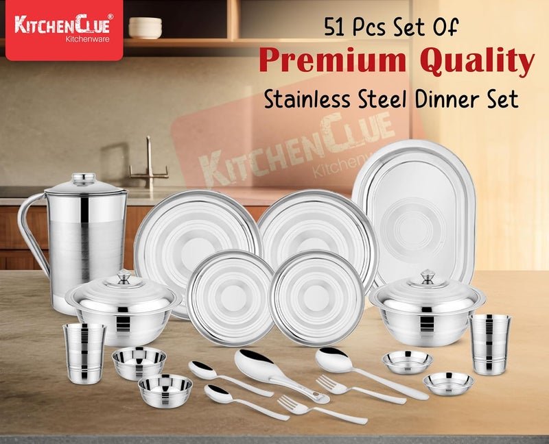 KITCHEN CLUE Stainless Steel Dinner Set 51 pcs Silver Touch Finish - Image 4