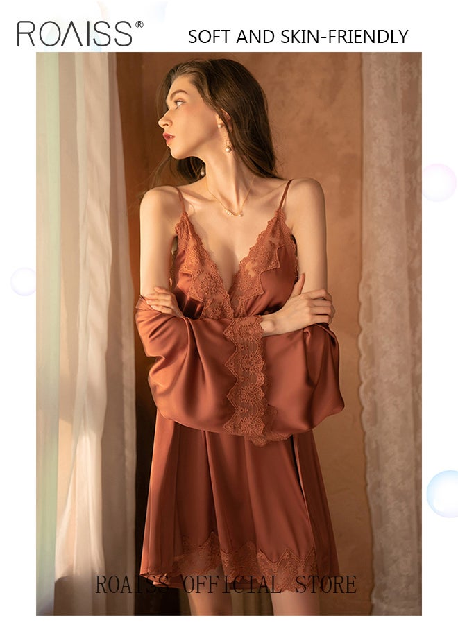 2-Piece Set of Women Pajamas with V-Neck Design Women Home Wear Set Same Color Outer Robe and Lace Element Nightgown - pzsku/Z00D8CBC3DB913B2EAFB2Z/45/_/1729044655/3123adaa-1cd3-4da1-a0e3-5284ae84d3dc