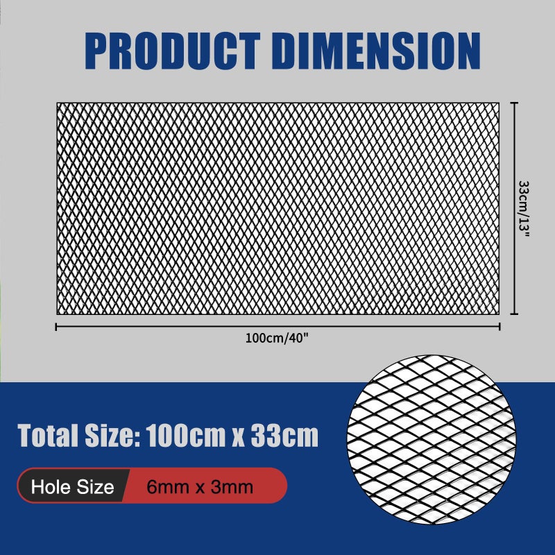 Tongze تونغزي 40"X13" شبكة معدنية سوداء عالمية: شبكة شبكية من سبائك الألمنيوم 3 × 6 مم ثقوب ماسية لإدخال الشبكة الأمامية في الصدام - Image 2