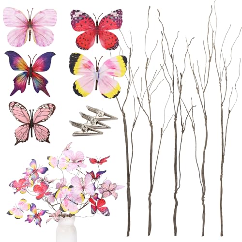 Wolpark 5 Pcs DIY Butterfly Decorations 5 Butterfly Branches with 30 Fake Butterflies for Crafts Faux Stems for Valentine's Day Vase Filler Bouquets Home Decorations Mother's Gift Table Decor (Pink) - Image 2