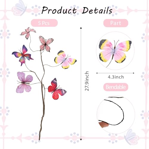 Wolpark 5 Pcs DIY Butterfly Decorations 5 Butterfly Branches with 30 Fake Butterflies for Crafts Faux Stems for Valentine's Day Vase Filler Bouquets Home Decorations Mother's Gift Table Decor (Pink) - Image 4