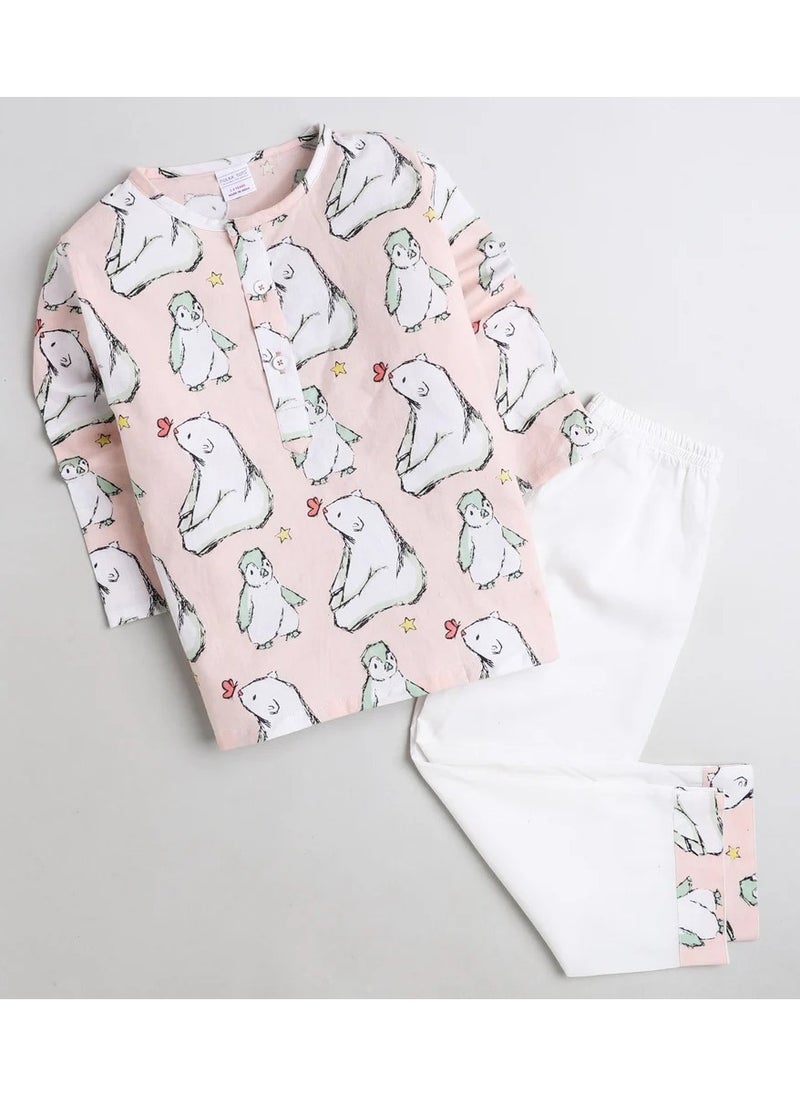 Polka Tots Polka Tots Full Sleeves Night Wear Bear Kurta Pyjama - White  - Image 1
