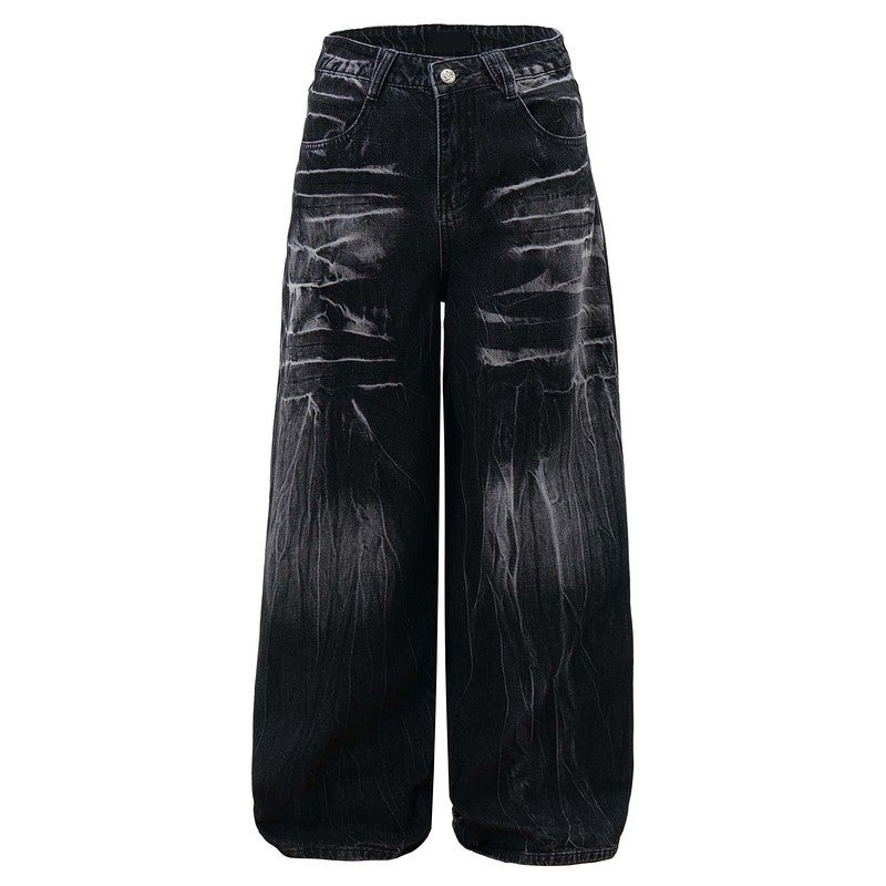 Qilin Mens American Vintage cleanfit Washed Old Lightning Baggy Loose Wide Leg Pants Jeans Black 