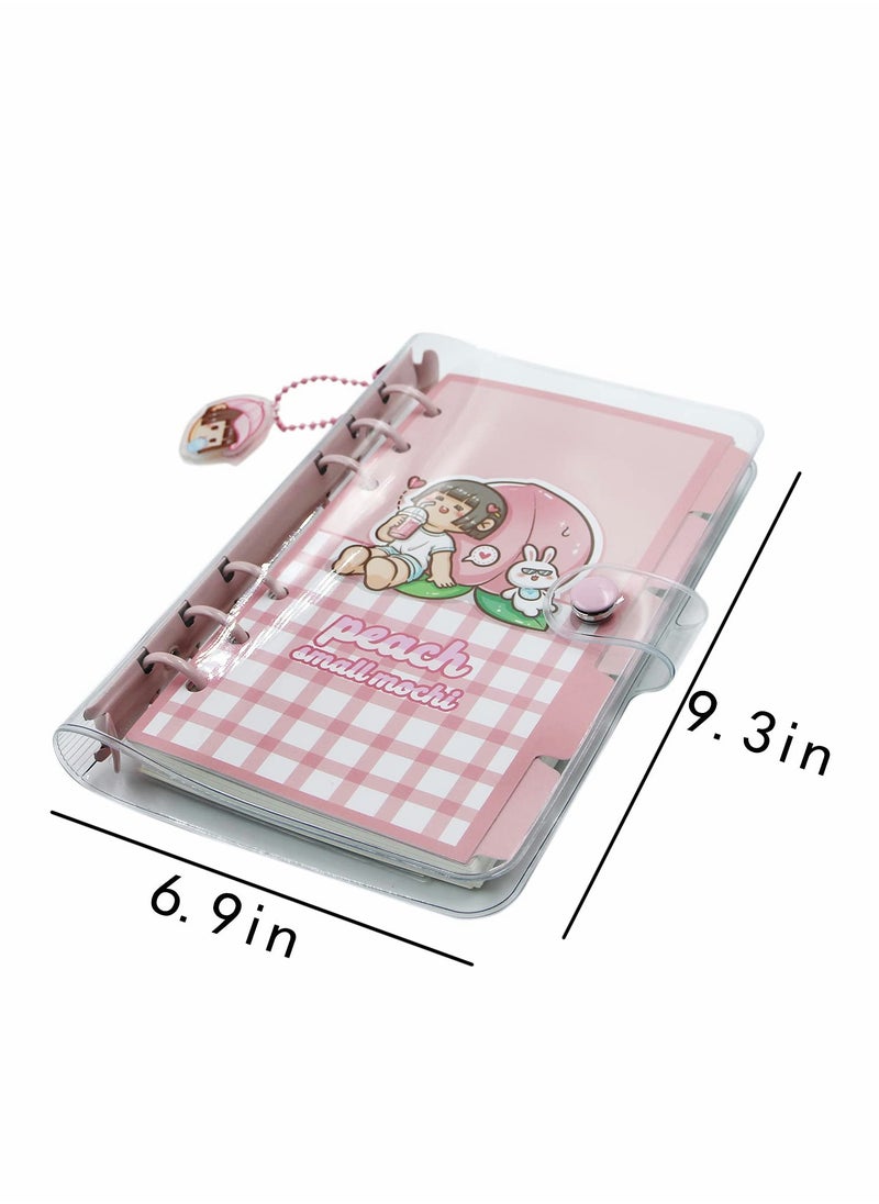 A6 Binder Cover Notebook, Soft PVC Cute Cartoon Refillable 6 Ring Loose Leaf Round Personal Journal with Insert Paper, Pocket, Snap on Closure
