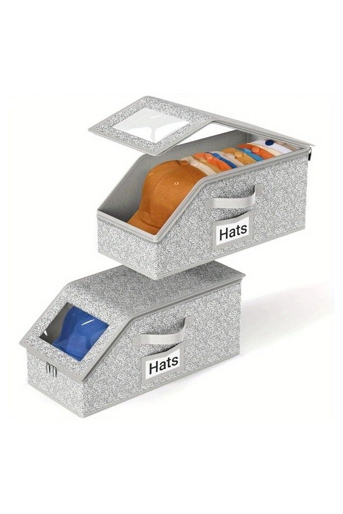هومستر قبعة قابلة للتكديس والطي صندوق منظم مع غطاء صلب -توفير مساحة صندوق منظم، نافذة واضحة للعرض السهل، ثقيلة الخدمة بناء النسيج حاوية للقبعة القابلة للتجميع لقبعات البيسبول، قبعات -مثالي للخزانة، الرف، تخزين تحت السرير -الرجال والنساء، خزانة المنظمة والتخزين، خزانة المنظمة - Image 1