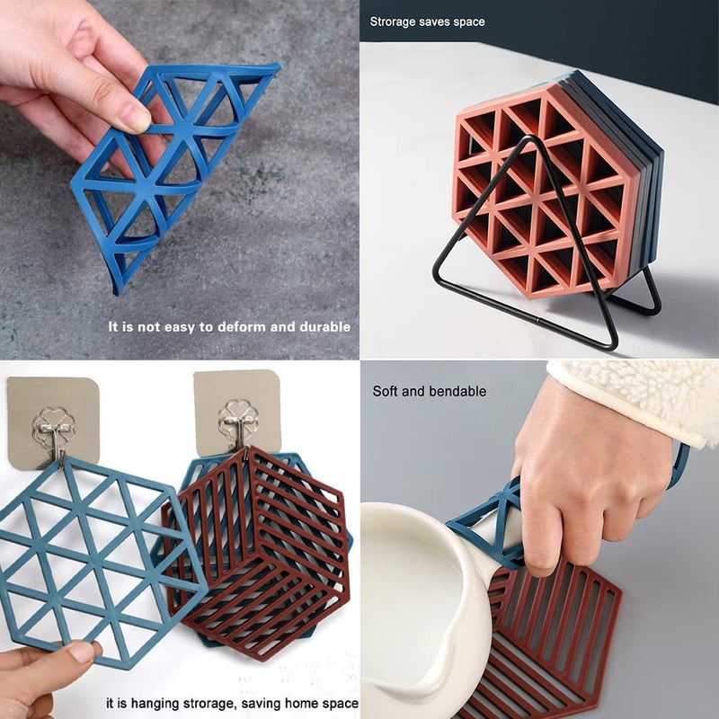 SYGA Silicone Table Mat, 6 Pack Trivet Heat-Insulated Mats Waterproof and Oil-Proof Coaster Placemat for Dining Office Kitchen Triangle - Blue - Image 3