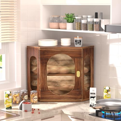 TQQDCI Corner Bread Box for Kitchen Countertop, Large Wooden Bread Box, Double Layer Bread Storage Bin, Vintage Breadbox for Homemade Bread, Farmhouse Kitchen Organizer with Acrylic Window - Image 2