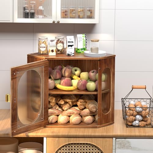 TQQDCI Corner Bread Box for Kitchen Countertop, Large Wooden Bread Box, Double Layer Bread Storage Bin, Vintage Breadbox for Homemade Bread, Farmhouse Kitchen Organizer with Acrylic Window - Image 3
