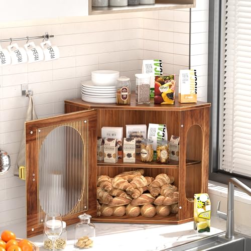 TQQDCI Corner Bread Box for Kitchen Countertop, Large Wooden Bread Box, Double Layer Bread Storage Bin, Vintage Breadbox for Homemade Bread, Farmhouse Kitchen Organizer with Acrylic Window - Image 5