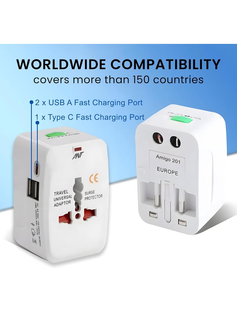 Ant PC ANT Amigo 201 International Travel Adapter with USB A and Type C Slot Universal All in one Worldwide Travel Adaptor Wall Charger AC Power Plug Adapter USBC Charging Ports White  - Image 2