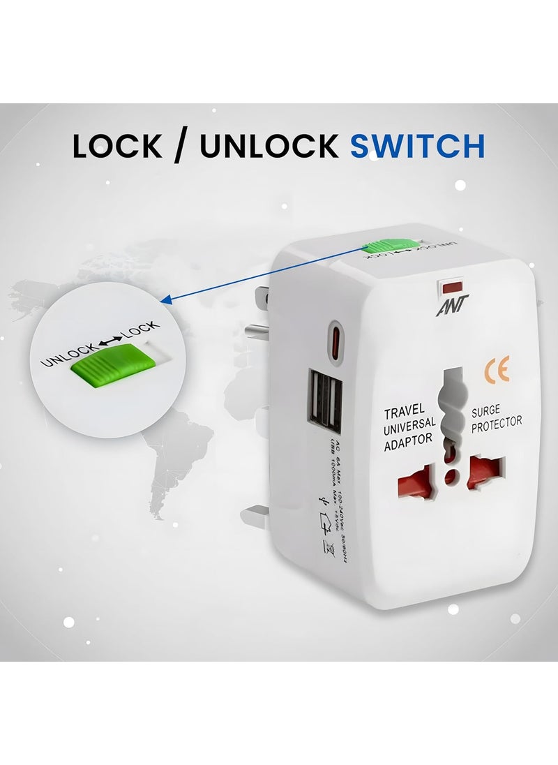 Ant PC ANT Amigo 201 International Travel Adapter with USB A and Type C Slot Universal All in one Worldwide Travel Adaptor Wall Charger AC Power Plug Adapter USBC Charging Ports White  - Image 3