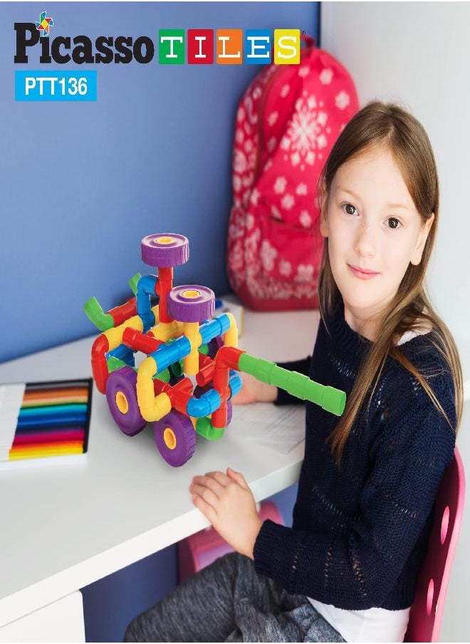 PicassoTiles PTT136 136pcs Tubular Pipes & Spout STEAM Interlocking Educational Building Block Set, Tube Locks, Pipeworks Construction Blocks w/Storage Container Box, Idea Book, Flute Musical Kit