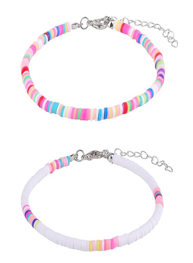 KINBOM 2pcs Bohemian Anklet, Soft Pottery Flat Bead Anklets Bracelets Stylish Colorful Ankle Bracelets String Foot Chain for Women(White, Colored) - Image 1