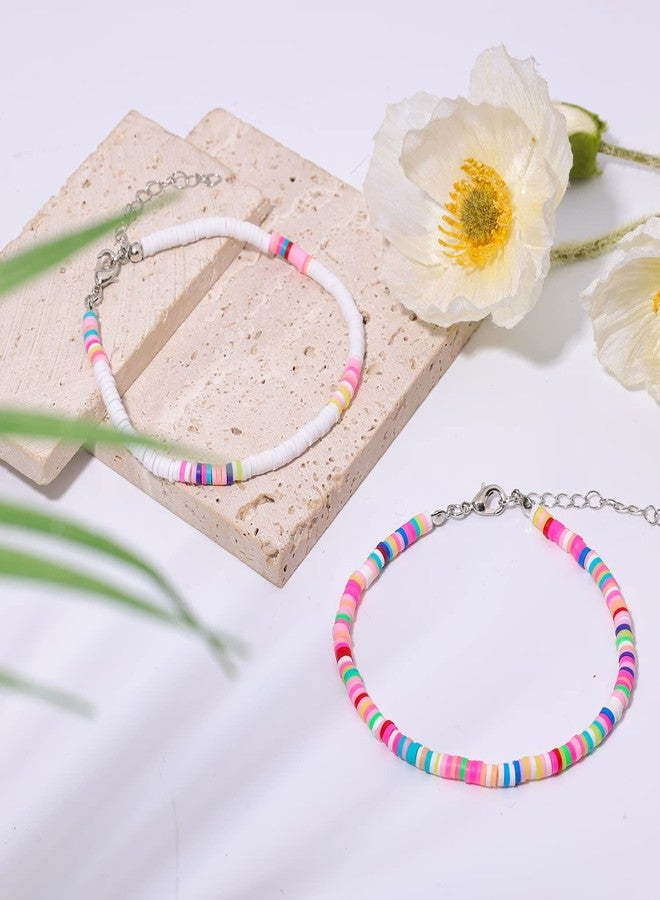 KINBOM 2pcs Bohemian Anklet, Soft Pottery Flat Bead Anklets Bracelets Stylish Colorful Ankle Bracelets String Foot Chain for Women(White, Colored) - Image 3