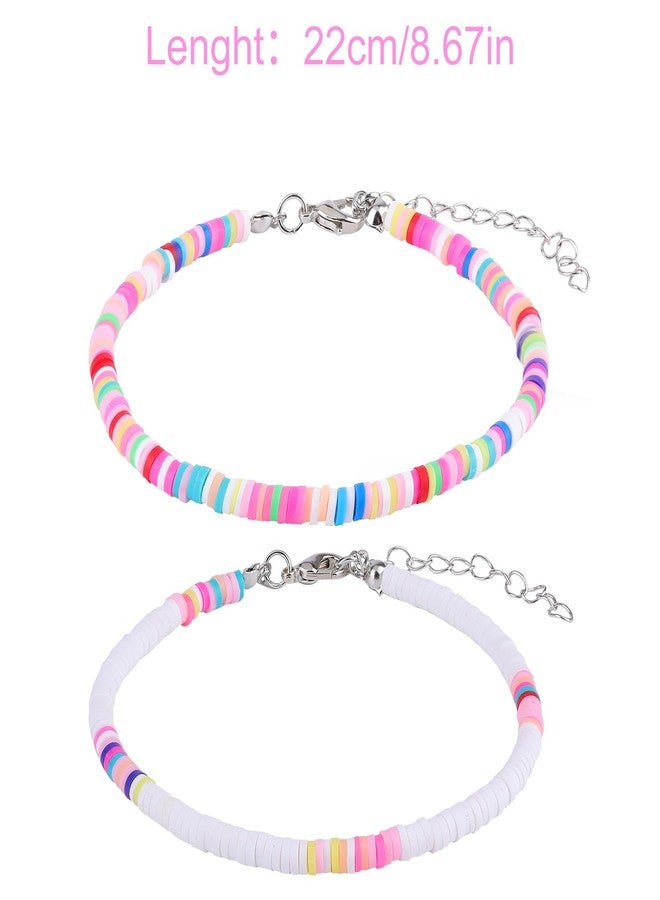 KINBOM 2pcs Bohemian Anklet, Soft Pottery Flat Bead Anklets Bracelets Stylish Colorful Ankle Bracelets String Foot Chain for Women(White, Colored) - Image 2
