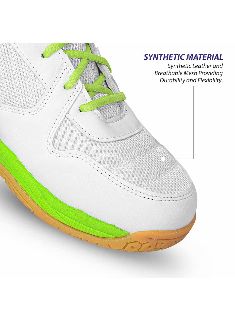 DSC Court 44 Badminton Shoes for Men and Boys | Color: White-Navy-Green | Size-4UK/5US/38EU  | Material:  Leather/Mesh | with Natural Crape Rubber | Non Marking Outsole | Platform Heel | Lace-Up - Image 3
