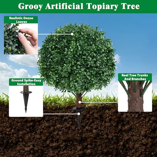 Grooy Artificial Boxwood Topiary Ball Tree with Ground Spike, Set of 2 Artificial Shrub Bushes, Fake Evergreen Tree for Porch, Artificial Plants for Outdoor Planters Indoor UV Resistant - Image 3