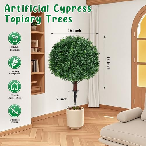 Grooy Artificial Boxwood Topiary Ball Tree with Ground Spike, Set of 2 Artificial Shrub Bushes, Fake Evergreen Tree for Porch, Artificial Plants for Outdoor Planters Indoor UV Resistant - Image 2