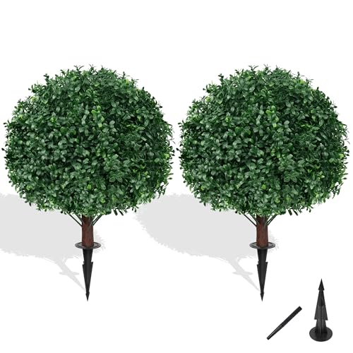 Grooy Artificial Boxwood Topiary Ball Tree with Ground Spike, Set of 2 Artificial Shrub Bushes, Fake Evergreen Tree for Porch, Artificial Plants for Outdoor Planters Indoor UV Resistant - Image 1