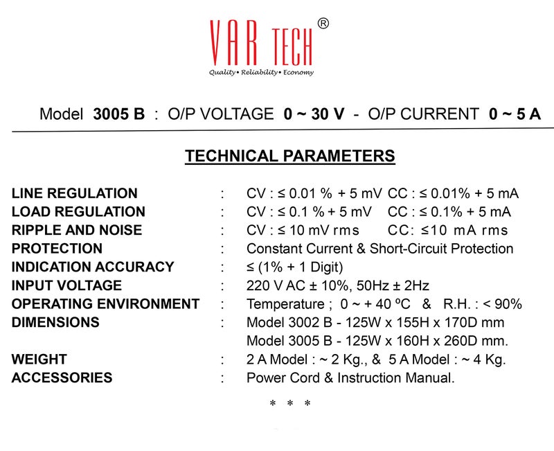 VAR TECH 3005 B DC Power Supply Variable 30V 5A Transformer Based with Output On/Off Switch - Image 5
