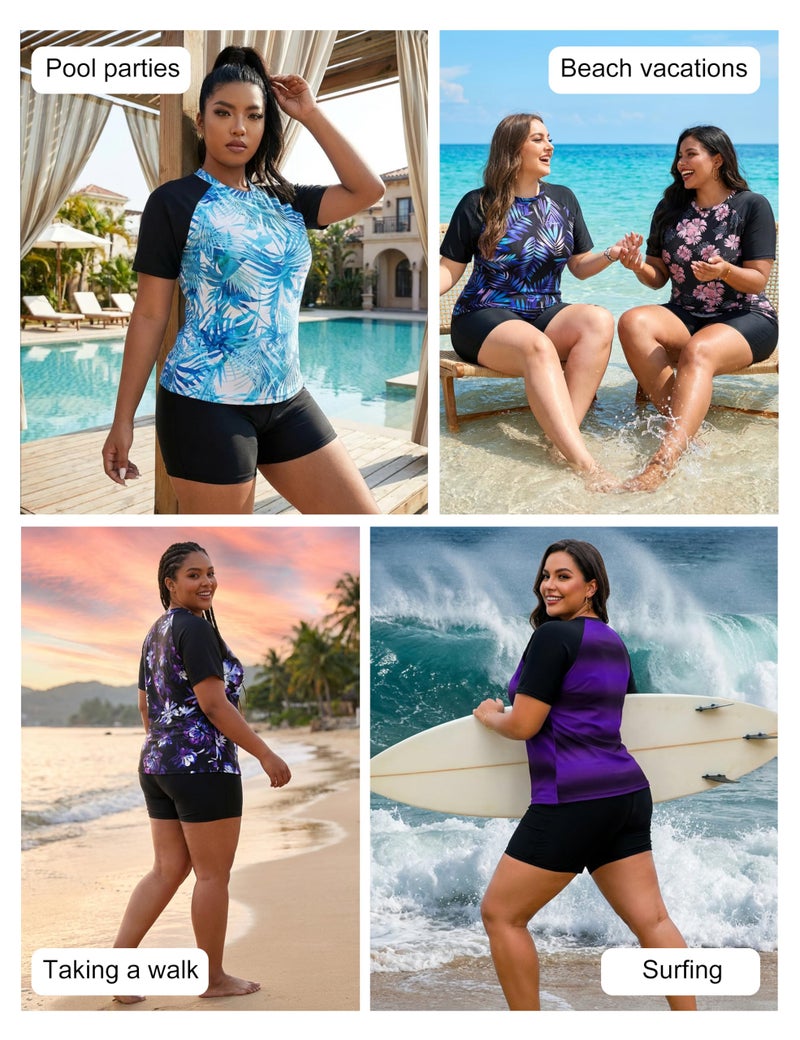 Tralilbee Women's Plus Size Tankini Swimsuits Rash Guard Capris Short Sleeve Color Block Bathing Suits with Shorts, Color508, XL - Image 5