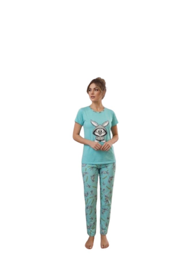 Women's comfortable cotton lycra pajamas - two pieces (T-shirt and pants) - Image 1