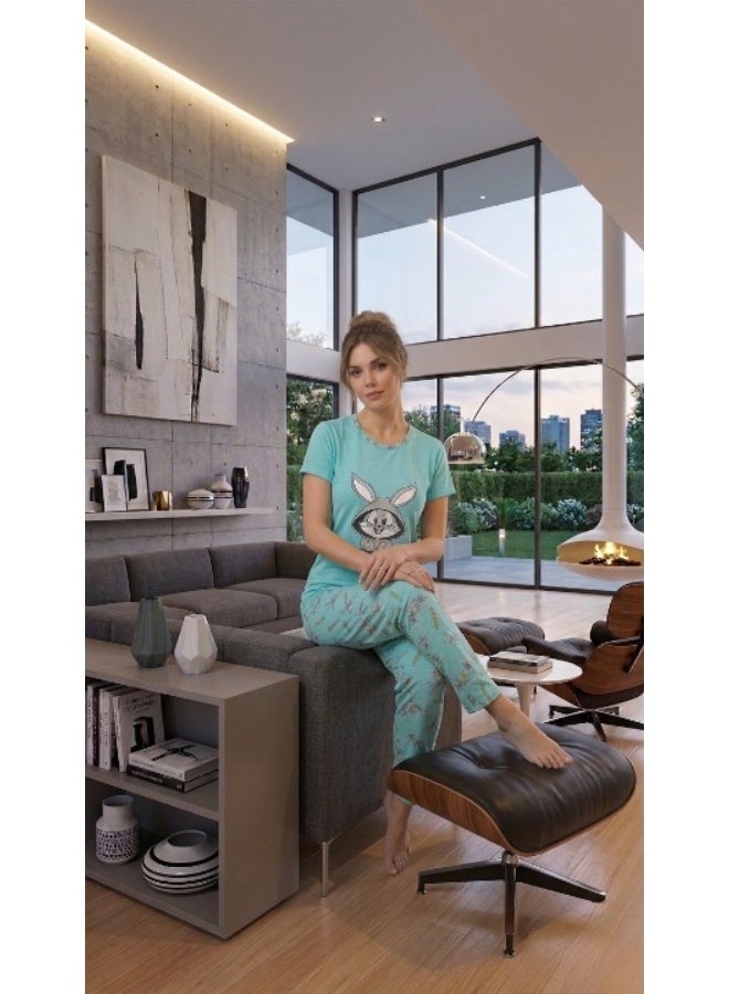 Women's comfortable cotton lycra pajamas - two pieces (T-shirt and pants) - Image 2