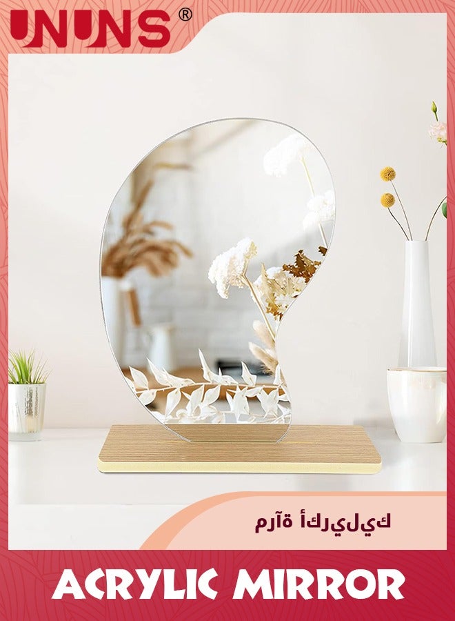 UNUNS مرآة مكياج من الأكريليك مع حامل، مرآة طاولة على شكل دمعة مع حامل خشبي قابل للفصل، مرآة ذات شكل غير منتظم بدون إطار لغرفة النوم، ديكور غرفة المعيشة - Image 1