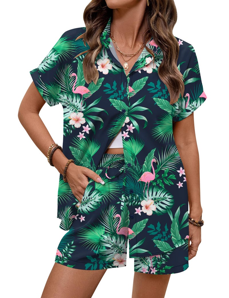 LOMON Women's 2 Piece Hawaiian Vacation Outfits Tropical Print Short Sleeve Shirts and Shorts Beach Sets Resort Wear - Image 3