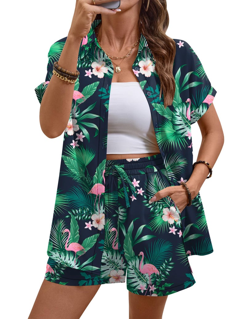 LOMON Women's 2 Piece Hawaiian Vacation Outfits Tropical Print Short Sleeve Shirts and Shorts Beach Sets Resort Wear - Image 2