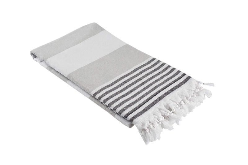 InfuseZen Terry Cloth Lined Turkish Bath & Beach Towel â€“ Striped Design - 100% Organic Turkish Cotton - Soft, Lightweight, Absorbent Peshtemal - Quick Dry for Beach, Bath, Throw, Travel - Beige/Black - Image 1
