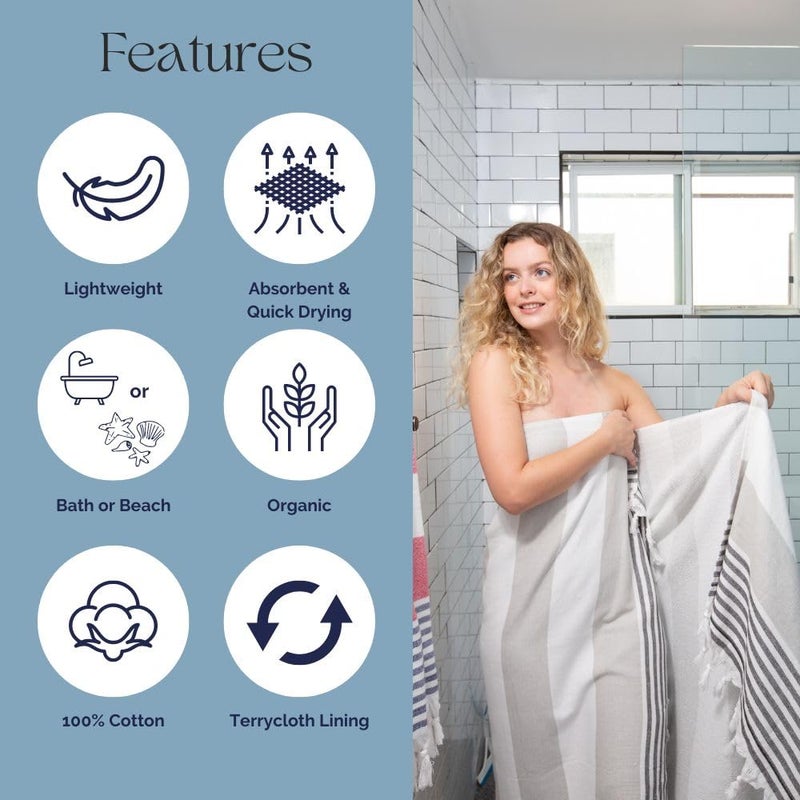 InfuseZen Terry Cloth Lined Turkish Bath & Beach Towel â€“ Striped Design - 100% Organic Turkish Cotton - Soft, Lightweight, Absorbent Peshtemal - Quick Dry for Beach, Bath, Throw, Travel - Beige/Black - Image 5
