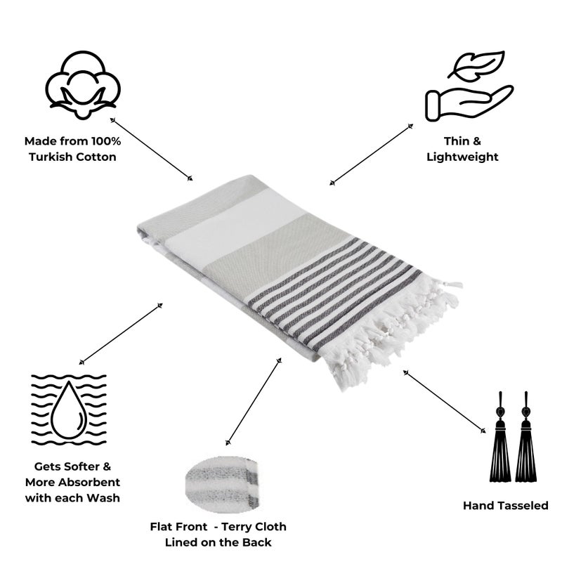 InfuseZen Terry Cloth Lined Turkish Bath & Beach Towel â€“ Striped Design - 100% Organic Turkish Cotton - Soft, Lightweight, Absorbent Peshtemal - Quick Dry for Beach, Bath, Throw, Travel - Beige/Black - Image 2