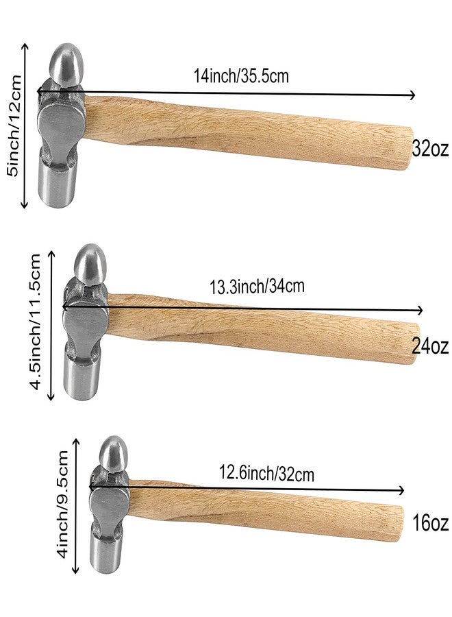 HAKZEON 3 PCS 16 oz 24 oz 32 oz Wood Handle Ball Peen Hammer,Ball Pein Hammer Set with Shock Reduction Effect Grip and Double Striking Heads for Household Workshop Repair Metal Rivet - Image 2