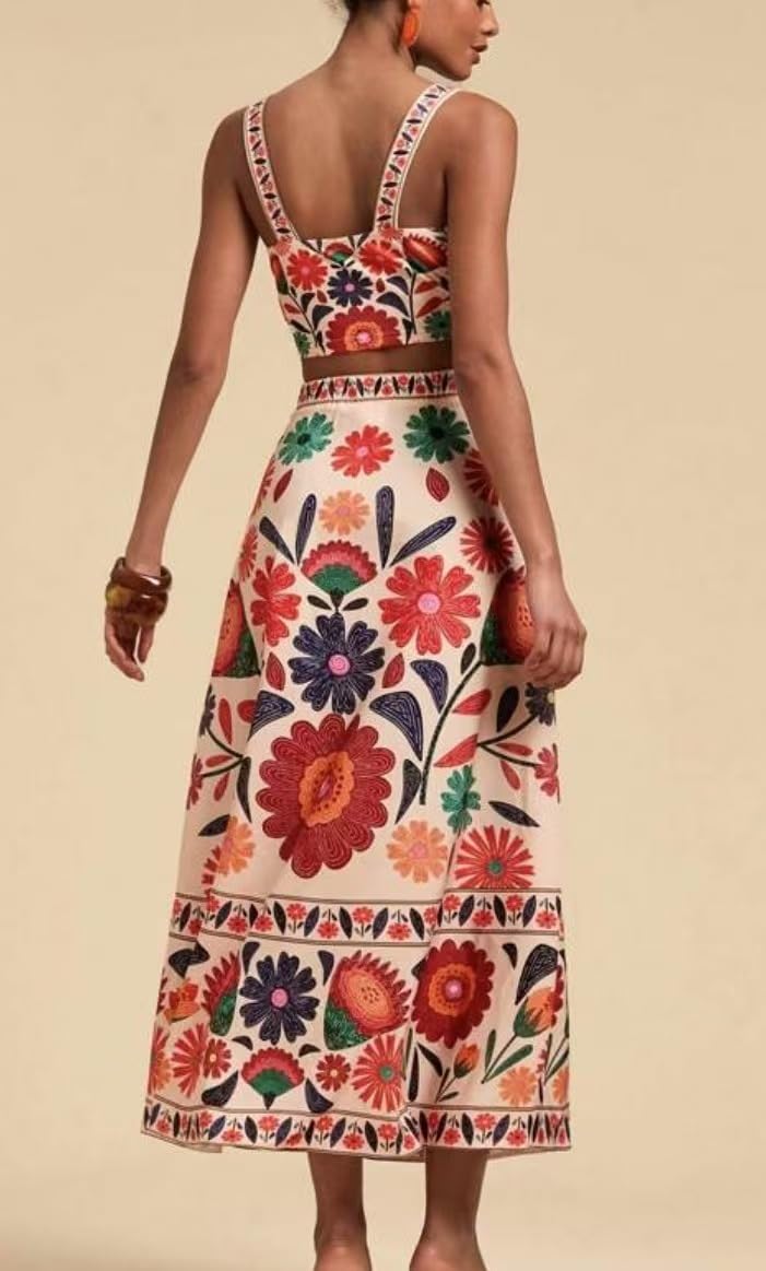 THLAI Skirt Sets Women 2 Piece Outfits Tropical Floral Print Crop Top and A-line Maxi Skirt Summer Vacation Outfits - Image 2